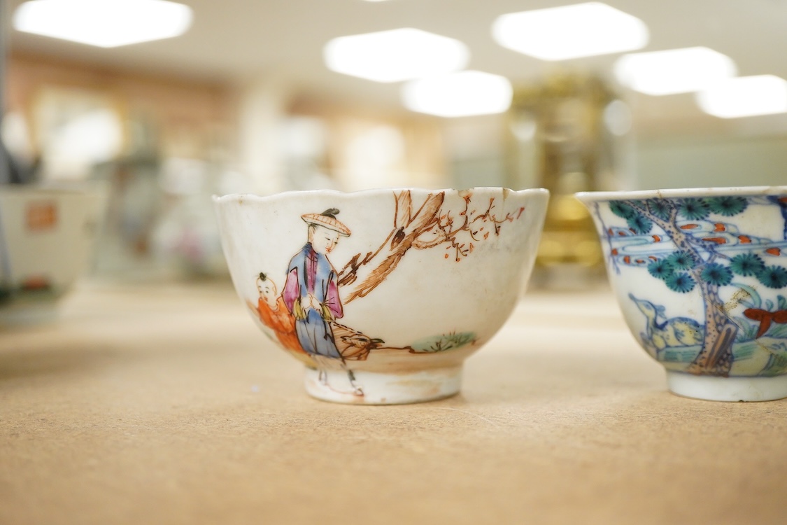 Two Chinese teacups, one Doucai with Chenghua mark, the other famille rose, tallest 4.5cm